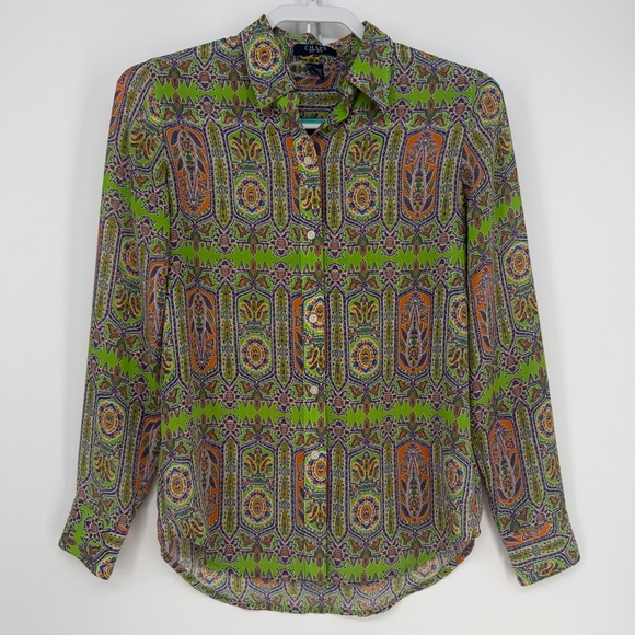 Chaps Tops - Chaps Button Down Shirt Womens XS Green Paisley Long Sleeve Boho Career Preppy